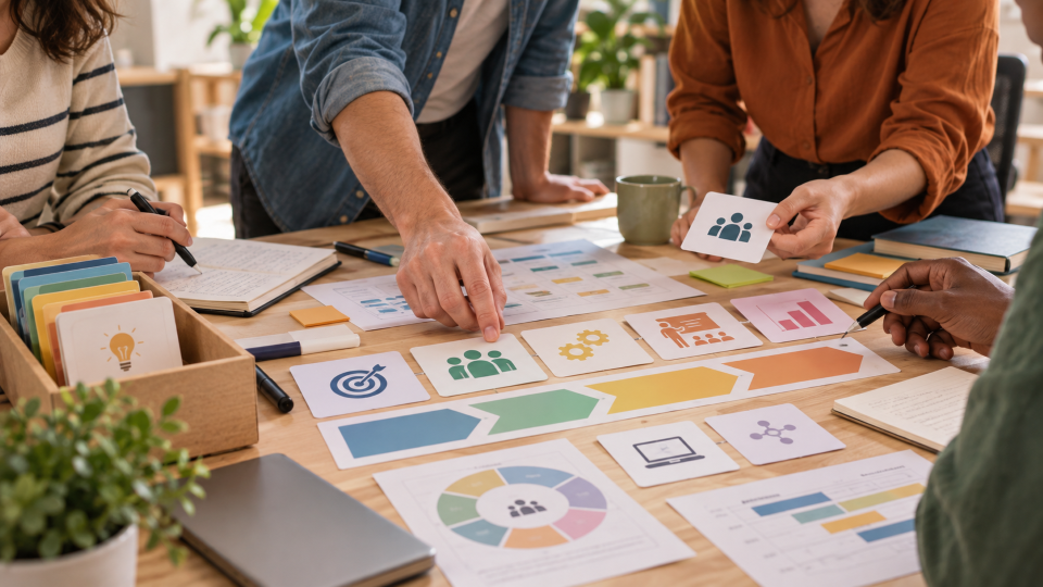 Professionnels travaillant collectivement sur des cartes et supports visuels pour analyser un besoin et concevoir un dispositif de formation.