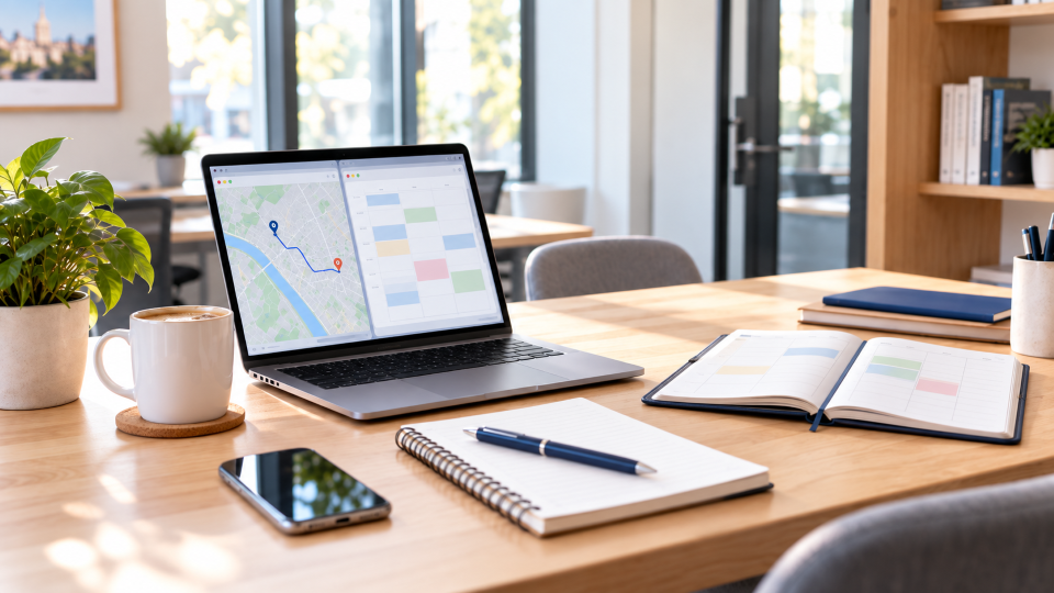 Bureau sur lequel sont posés un téléphone portable, un agenda papier, un bloc notes et un ordinateur