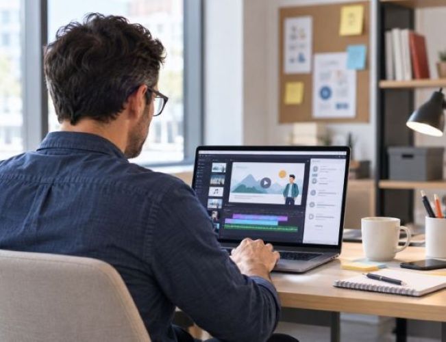 Formateur produisant sur son ordinateur une ressource de formation médiatisée