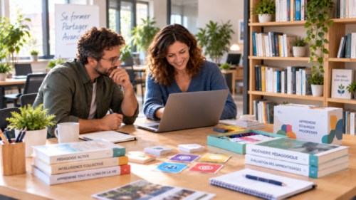 Deux professionnels construisant le scénario pédagogique d’une formation à partir de ressources, supports et outils variés.