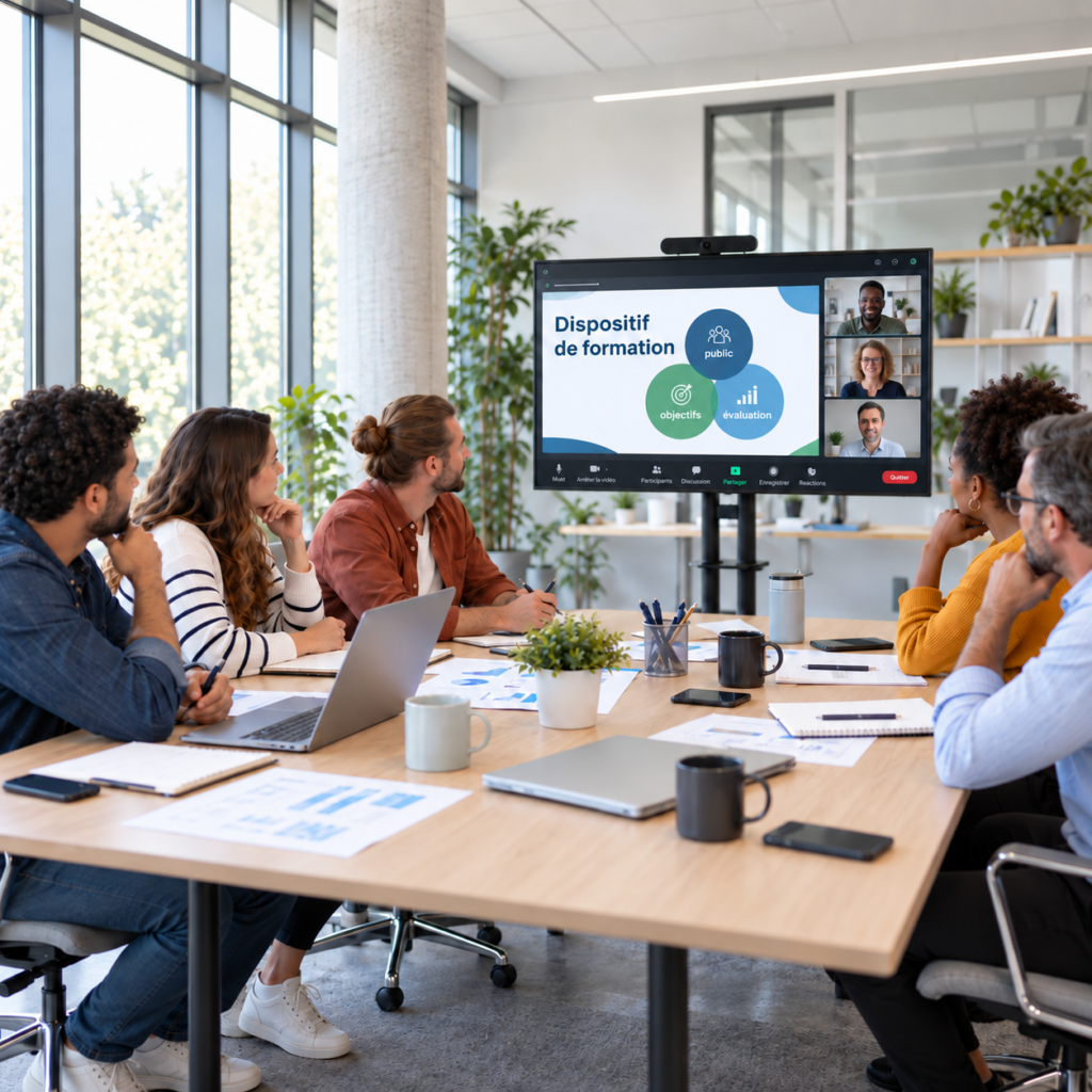 Réunion de travail réunissant des personnes en présentiel et d'autre en visioconférence