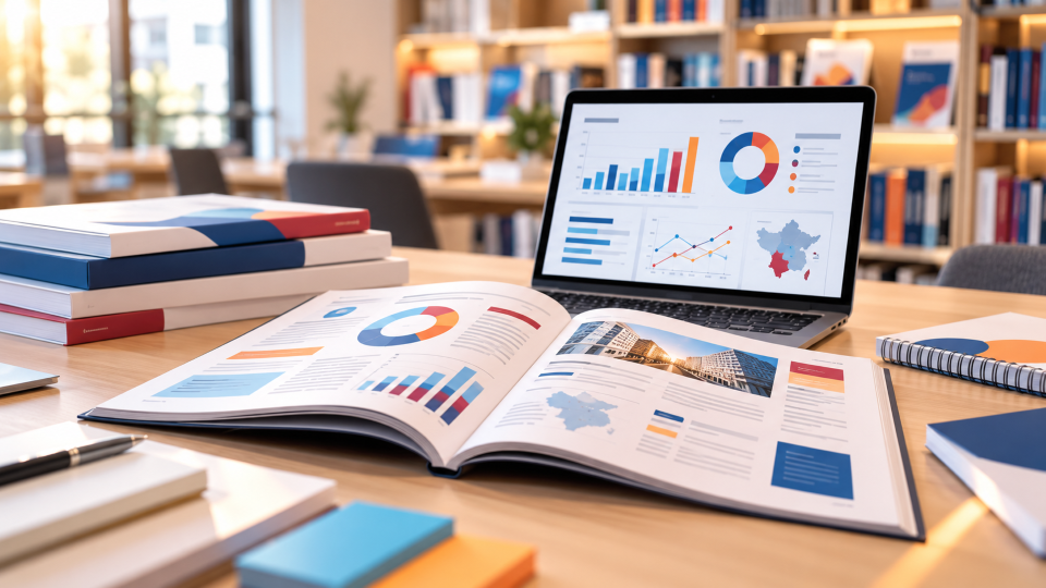Ouvrage ouvert et ordinateur affichant des graphiques pour illustrer la publication d’enquêtes, d’analyses et de ressources dans le domaine de la formation.